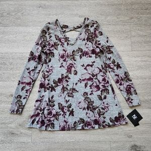 Iz Byer Pink Gray Floral Long Sleeve Shirt Size Xs Top Crisscross V Neck Rose